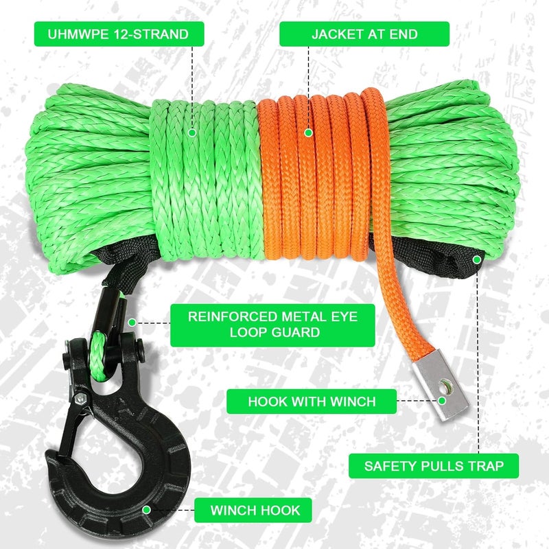 Aomifunny Synthetic Winch Rope,1/4" x 50 ft 10000Lbs Winch Rope Line, Synthetic Winch Cable with Protective Sleeve+Winch Hook+Safety Pull Strap for Offroad Vehicle ATV UTV SUV (Green) - Image 2